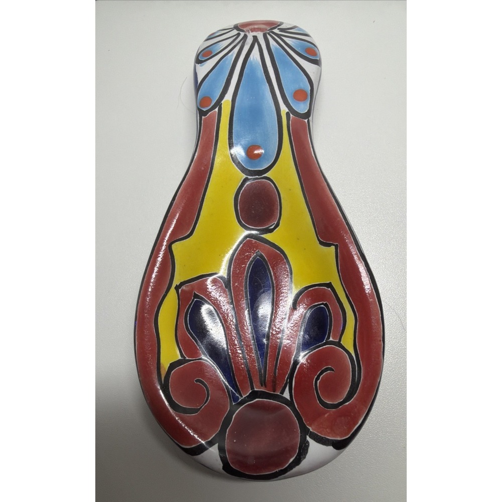 Mexican Pottery Hand painted Spoon Rest Floral Talavera Style Bright Colors
